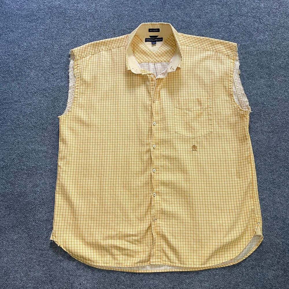 Vintage Tommy Hilfiger yellow and white checkered cut sleeves button-up shirt